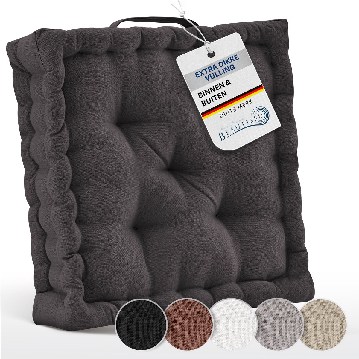 Beautissu Mila - Zitkussen Set van 2 Matraskussen 50x50x8 cm - vloerkussen met praktische draaggreep - kussen antraciet