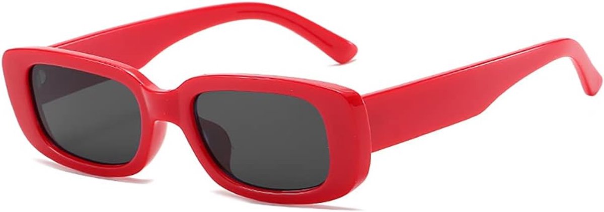 Retro Rectangular Sunglasses Men Women Chunky Sunglasses Vintage Fashion Glasses with Narrow Lenses Red, Red - ShopVlot