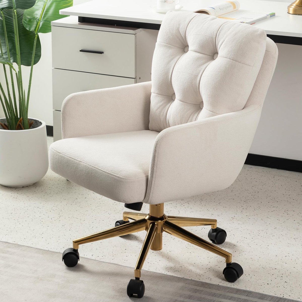Famanu – Gestoffeerde bureaustoel van fluweel, 360° draaistoel met wielen, hoogte verstelbaar, beige