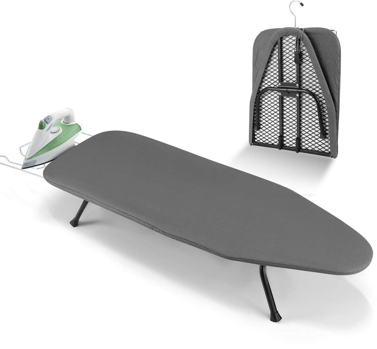 Famanu – Mini-strijkplank met haken, kleine opvouwbare tafelstrijkplank, inklapbaar en ideaal voor reizen, grijs, 81 x 31 cm