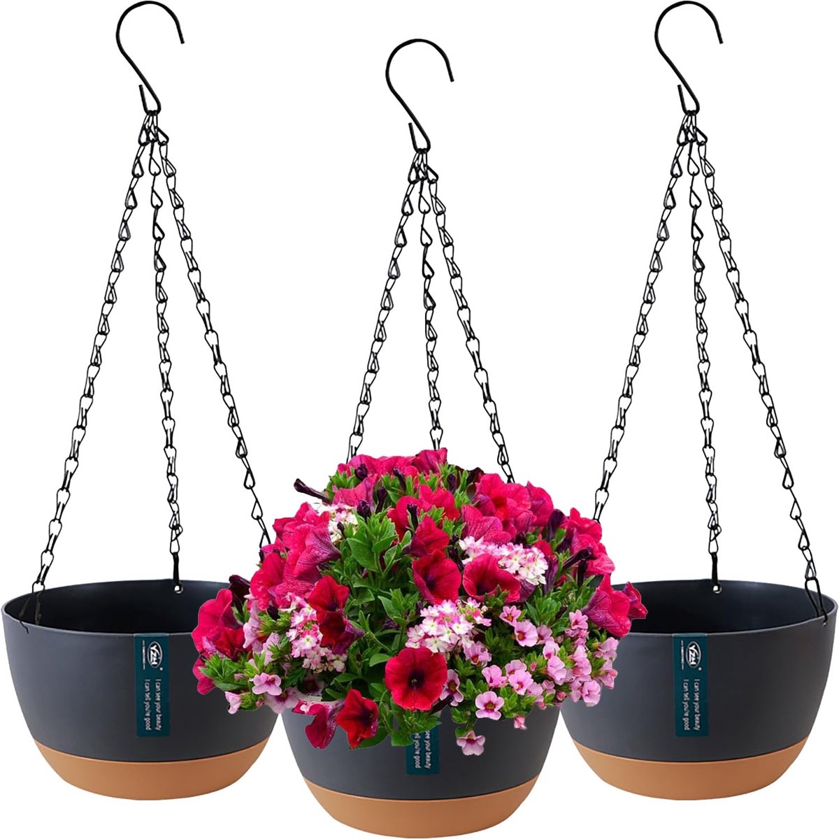Famanu – Set van 3 hangende bloempotten voor binnen en buiten, met drainagegaten en afneembare schotel, ideaal voor huis, tuin en balkon
