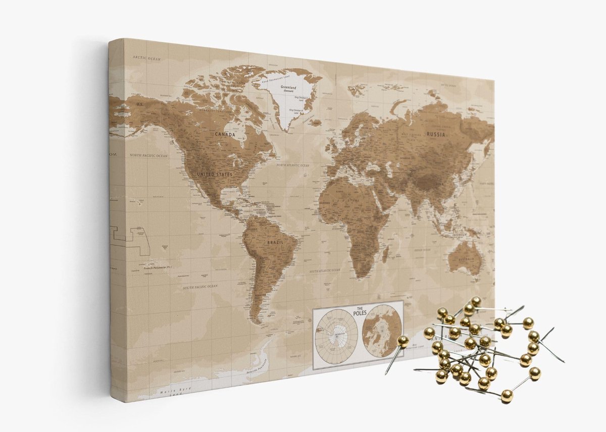 Famanu – Hoogwaardige canvas wereldkaart 120 x 80 cm met kurk prikbord en Engelse tekst, perfect voor wanddecoratie en educatieve doeleinden