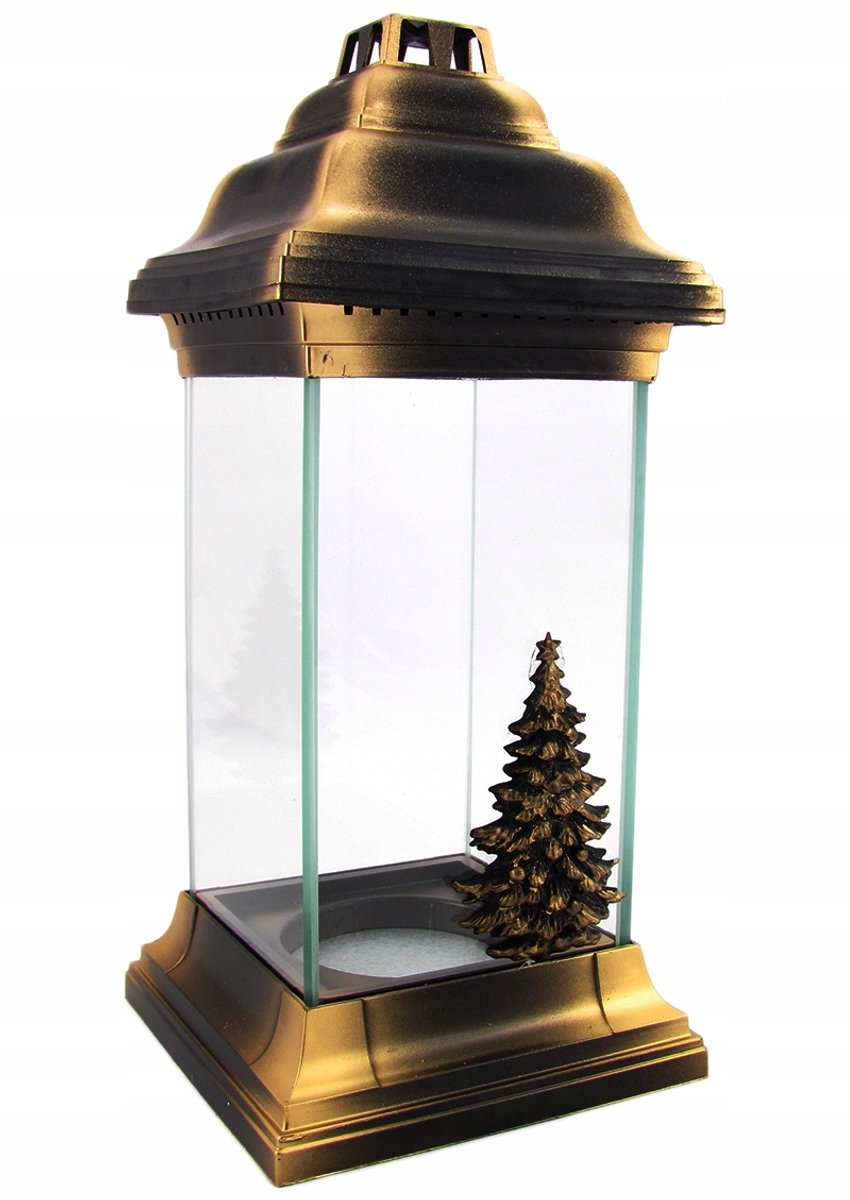 Merkloos Glazen Kerst Lantaarn 'Kerstboom' Goud - 31cm