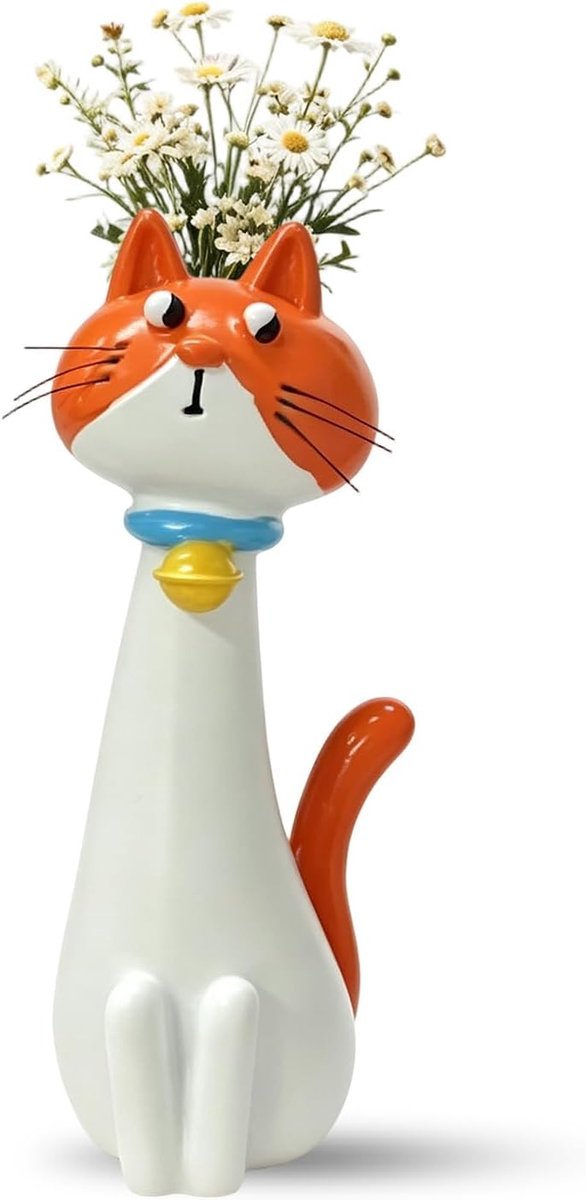 Katvaas - Handgemaakte grappige katvaas - Oranje-wit - Perfect voor bloemen - ShopVlot
