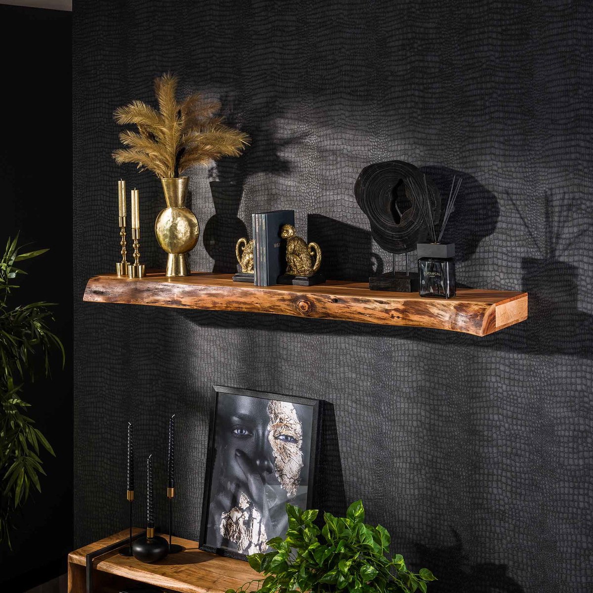 Giga Meubel Wandplank Tree - Naturel Acaciahout - 150x25x8cm