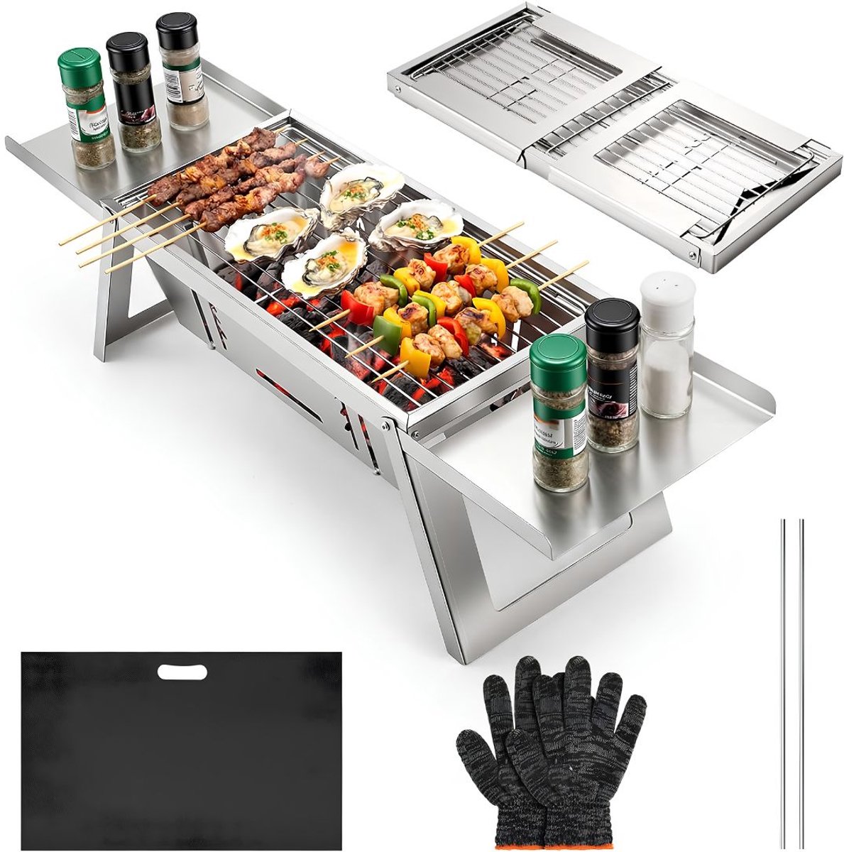 TYR® BBQ Houtskool - Draagbare Houtskool BBQ Grill - standen Warmtecontrole - Mini Opvouwbare Barbecue Grill met 4 - Zilver - 3cm x 22cm x 43cm