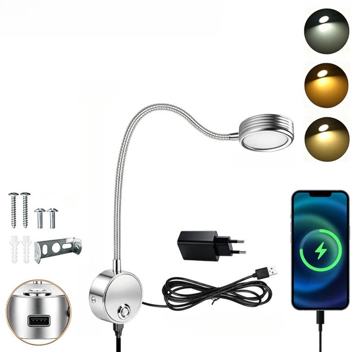 KZQ Flexibele lamp met zwanenhals - Wandlamp om te lezen - LED-nachtlampje - Nachtlamp - Inclusief adapter - Instelbare kleurtemperatuur - 3000K/4000K/6000K - 3W nachtlampje - 360° draaibare zwanenhals - Met USB-oplaadpoort - Zilver