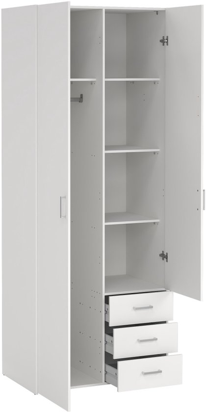 Open witte kledingkast met hangroede, legplanken en drie lades.