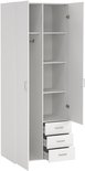 Open witte kledingkast met hangroede, legplanken en drie lades.
