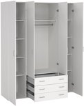 Open witte kledingkast met legplanken, een kledingroede en drie zichtbare lades.