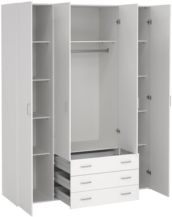 Open witte kledingkast met legplanken, een kledingroede en drie zichtbare lades.