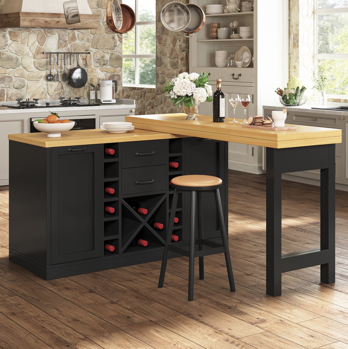Keuken Tafel - 360 Graden Draaibaar En Uitschuifbaar Met Opbergruimte, Wijnrek En Afvalbakhouder - Voor Keuken En Eetkamer - Zwart - 223x40x73,8 Cm
