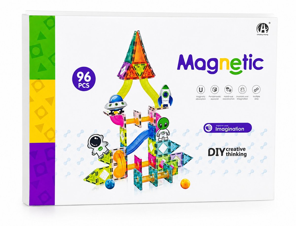 Magnetic - Magnetische Bouwstenen 96 Stuks – Bouwtegels Ruimtevaart & Knikkerbaan - Magnetic Tiles - Constructie speelgoed - Montessori speelgoed set