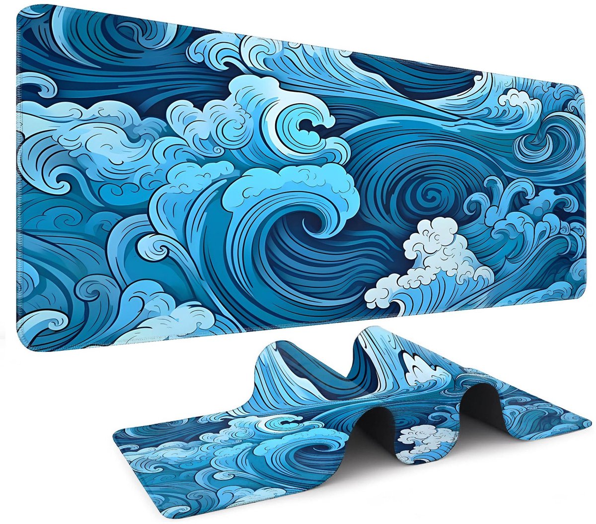 Bureau-muismat - Gaming-muismat - Toetsenbord- en muismat - Gaming-mat - Antislip rubberen onderkant - 90 x 40 cm - Oceaangolf-design - Bureau-mat voor gaming, kantoor en thuisgebruik - Blauw