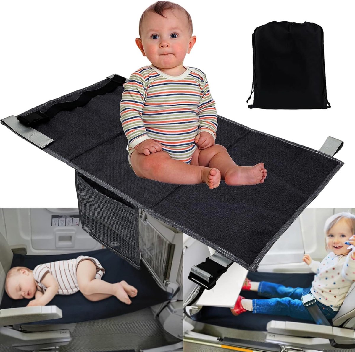 QUOVO® Vliegtuigbedje - Reiskussen Waterdicht – Babybedje Inclusief Draagtas - Voetensteun Draagbaar – Vliegtuigbedjes Met Opbergvakken - Zwart - 1cm x 1cm x 1cm
