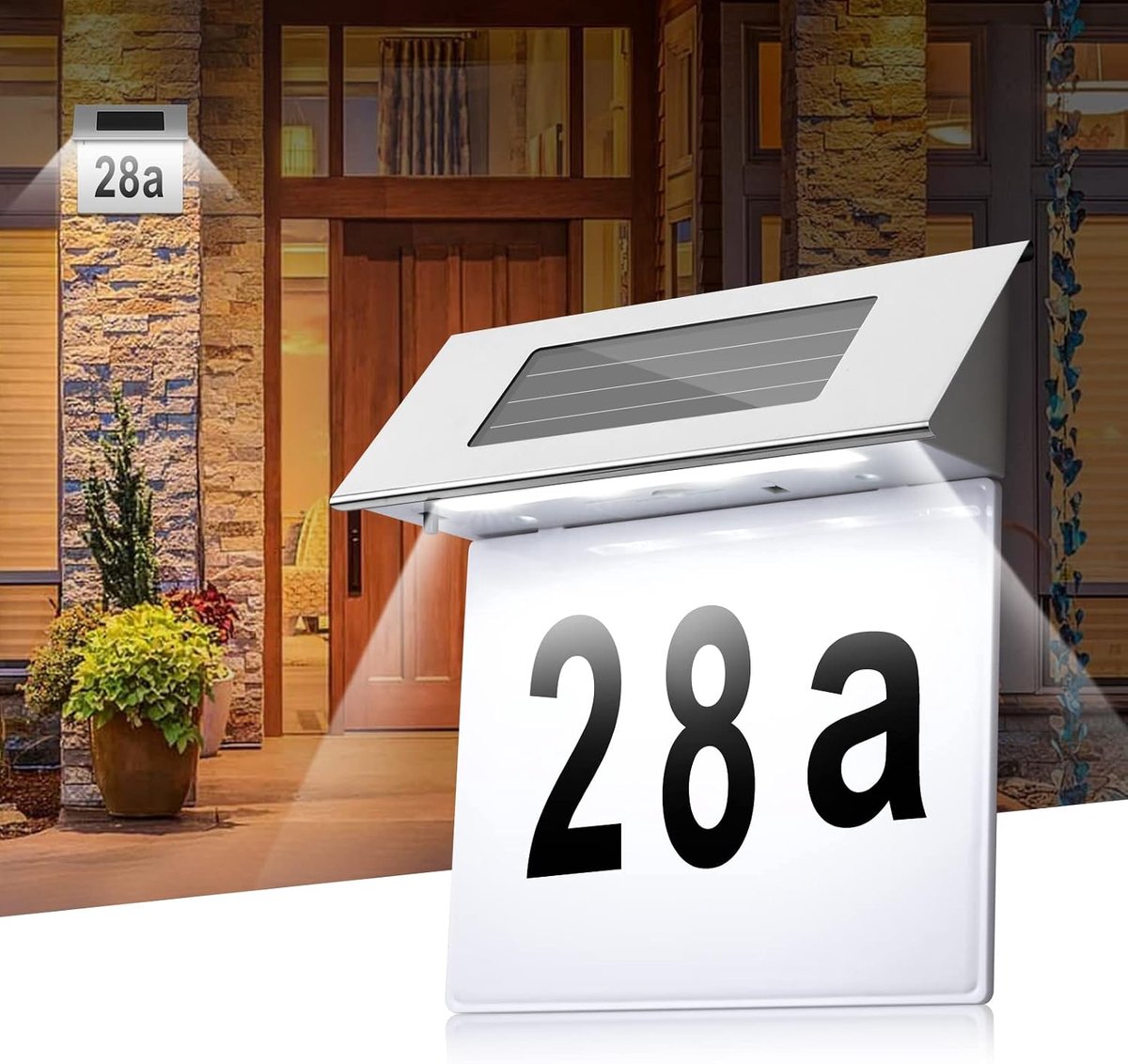 Op Zonne-Energie Verlichte Deurplaat - Ingebouwde Lichtsensor 4 LED's 6000K Wit IP65 Waterdicht Roestvrij Staal - Automatisch Aan/Uit Geen Bedrading - Voor Buitenhuisnummer - Zilver En Wit