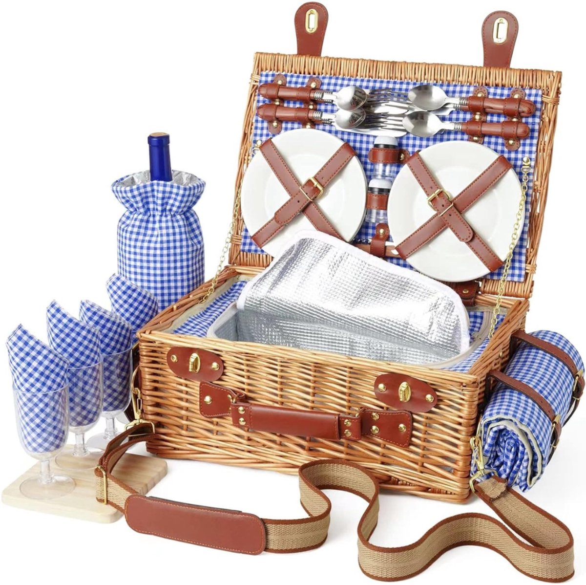 QUOVO® Picknicktas - Picknickmand - 4 personen – Inclusief Koelvak En Waterdicht Picknickdeken – Afneembare Riem – Inclusief Bestekset – Retro Design - Geel - 18cm x 44cm x 29cm