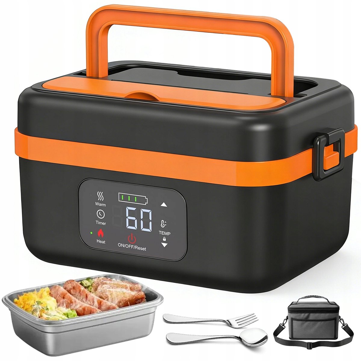 Elektrische Lunchbox - Verwarmde Bento Box - Thermos Lunchbox - 1000 ml - 60W Snel Verwarmend - 6 Temperatuurstanden - Voorverwarmen - ook Powerbank - met Isolatietas - Draagbare Broodtrommel - Voor Kantoor & School & Auto - Zwart en Oranje — cadeau in Kookcadeaus - foto 2