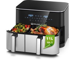 WELLENT Dubbele Airfryer 11L – 4L + 7L – 2 Manden – Airfryer XXL – 2600W – Touchscreen – 10 Programma’s – Smart Finish & Match Cook