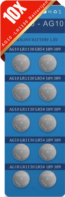 Pak met 10 AG10-LR1130 batterijen, verpakt per twee op blauw karton.