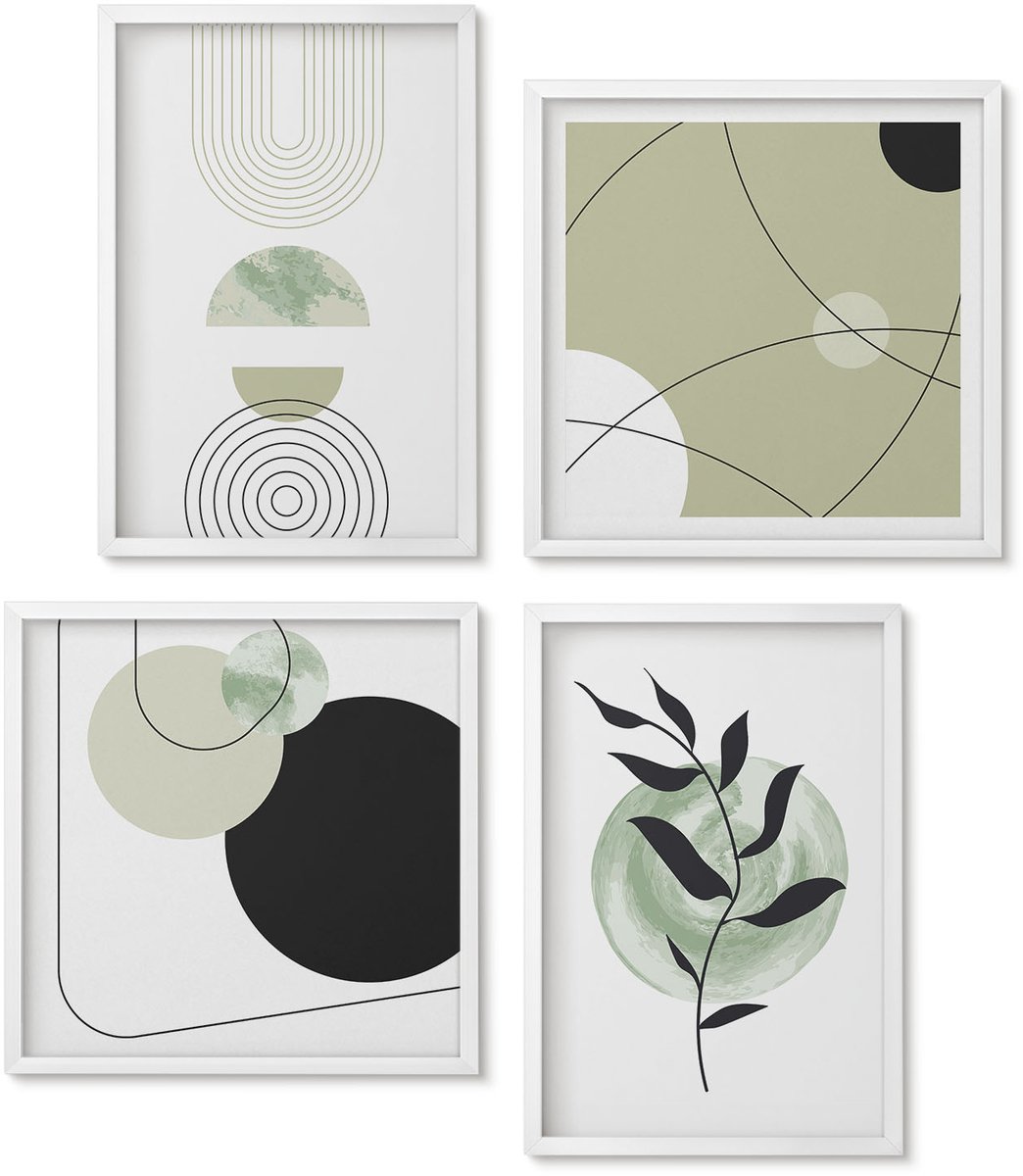 Wallfluent 4-Delige Schilderij Set - Abstracte Vormen En Plantmotieven In Groen - 40 x 40 En 40 x 60 - Stijlvolle Muurdecoratie - Slaapkamer - Moderne Wanddecoratie