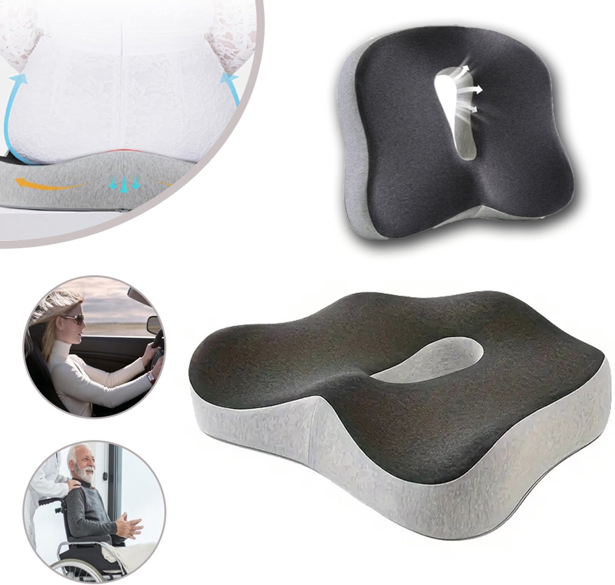 Orthopedisch Zitkussen Van Traagschuim Met Uitsparing Voor Het Stuitje - Ademende Hoes Ergonomisch Lichtgewicht En Draagbaar - Verlicht Ischias Stuitbeen- En Rugpijn - Grijs