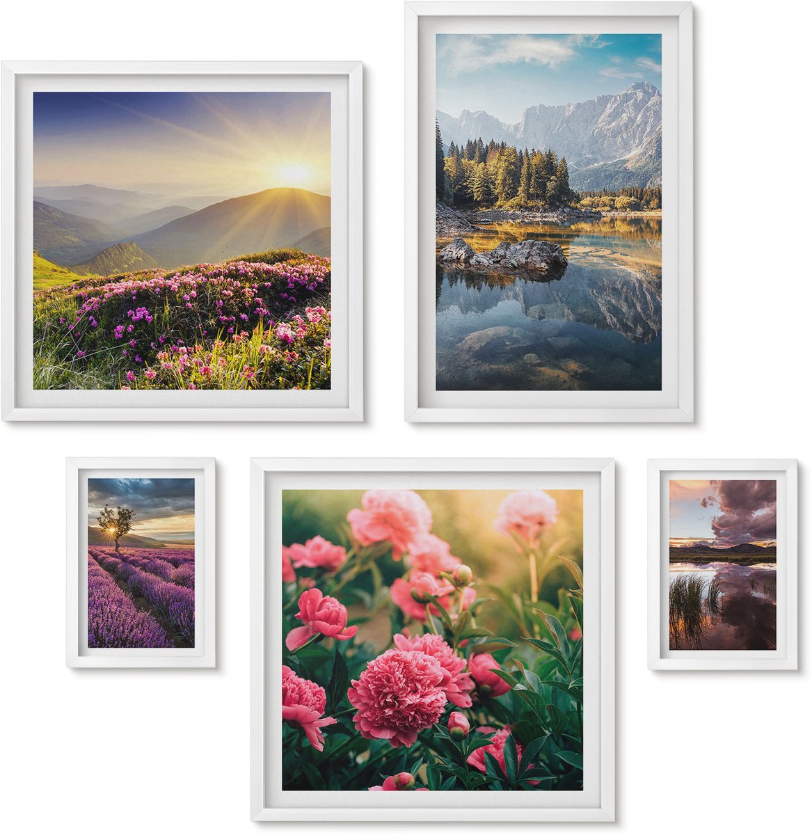 Wallfluent 5-Delige Schilderij Set - Natuurlandschappen Met Bloemen En Uitzicht Op De Bergen - 50 x 50 cm, 20 x 30 cm En 40 x 60 cm - Moderne Wanddecoratie - Woonkamer - Muurdecoratie