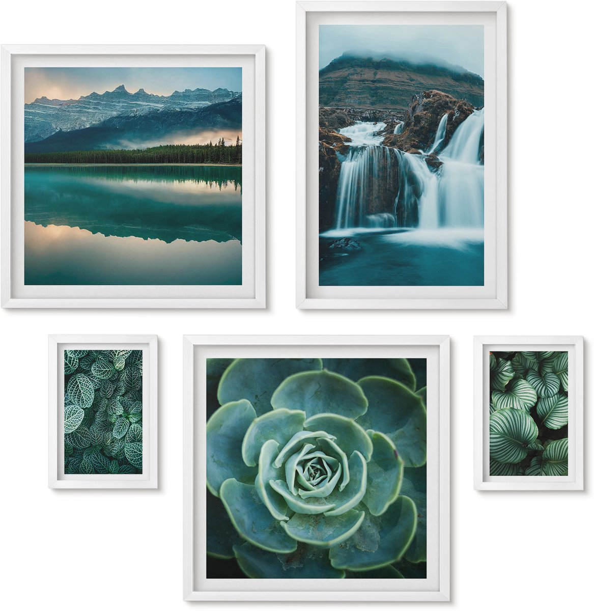 Wallfluent 5-Delige Schilderij Set - Groene Planten En Watervallen In Een Natuurlijke Stijl - 50 x 50 cm, 20 x 30 cm En 40 x 60 cm - Muurdecoratie - Decoratieve Schilderijen - Wohnzimmer