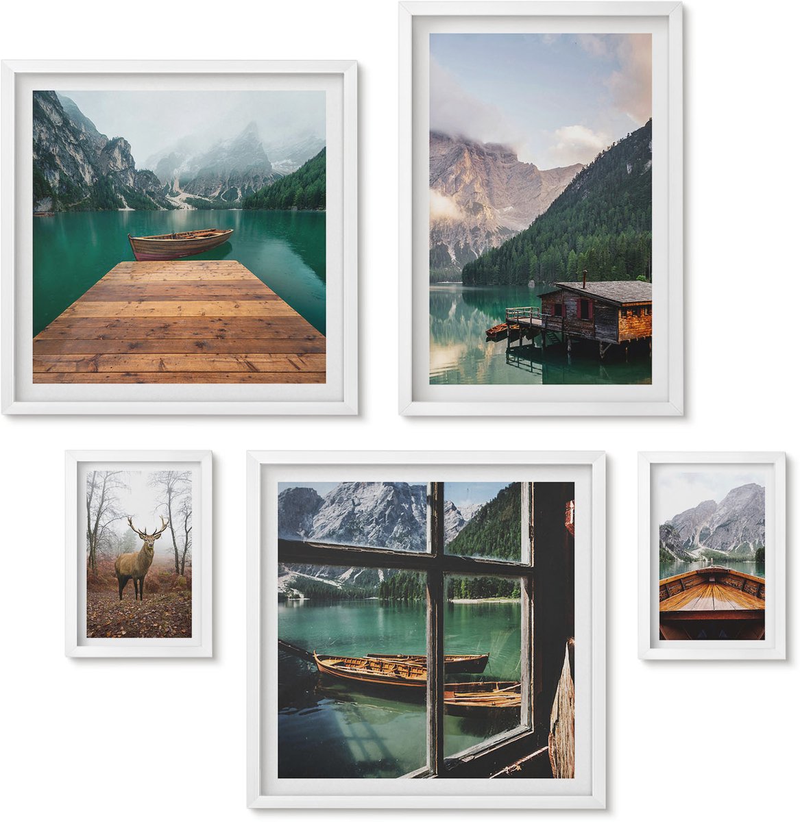 Wallfluent 5-Delige Schilderij Set - Berglandschappen Met Meren En Wilde Dieren - 50 x 50 cm, 20 x 30 cm En 40 x 60 cm - Moderne Wanddecoratie - Slaapkamer - Interieur Decoratie