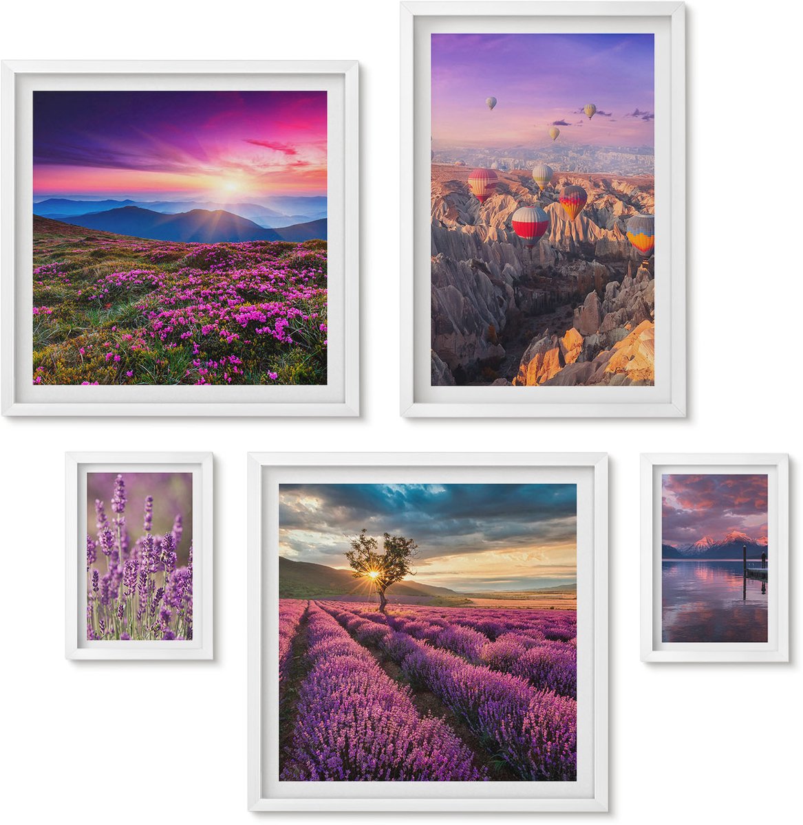 Wallfluent 5-Delige Schilderij Set - Landschappen Met Lavendel En Heteluchtballonnen - 50 x 50 cm, 20 x 30 cm En 40 x 60 cm - Decoratieve Schilderijen - Wanddecoratie - Hal - Interieur Decoratie
