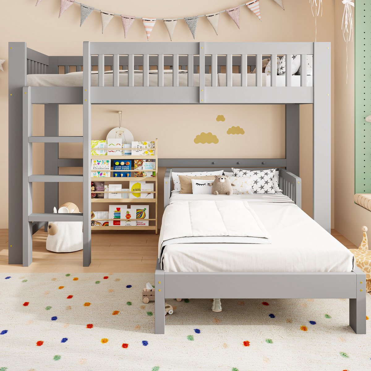 FloraGrace Hoogslaper 90x200 cm - Multifunctioneel Kinderbed Met Uitvalbeveiliging - Vrij Combineerbaar - Kinderkamer - Hout - Grijs - Zonder Matras