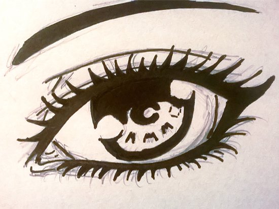Schets van een oog met dikke zwarte lijnen, met het woord "AM" in de iris.