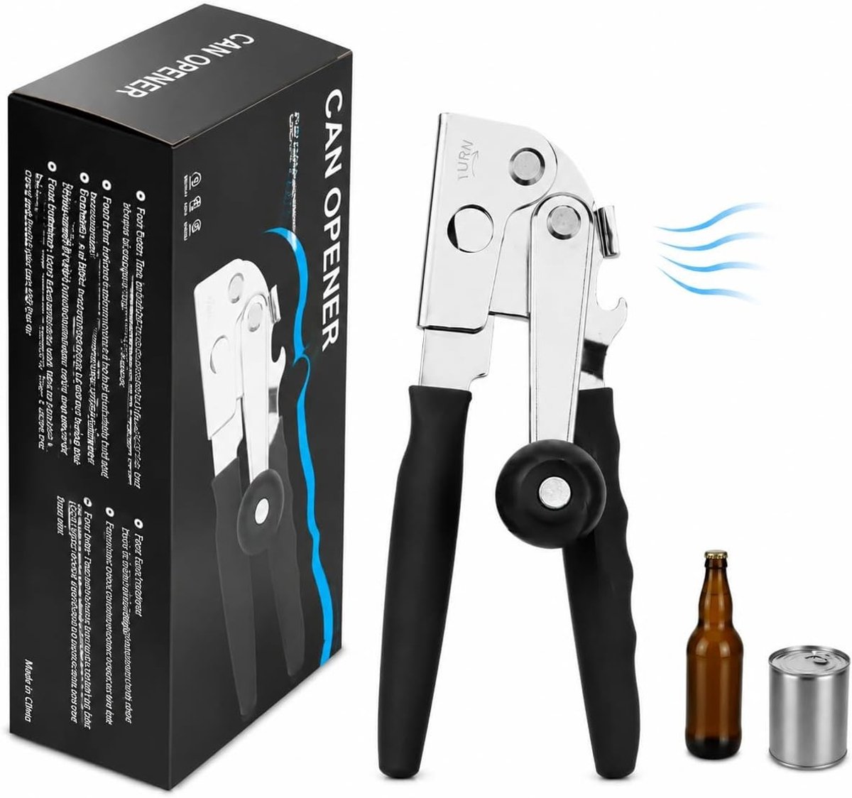 Potopener voor senioren - Zwart - Handmatige blikopener met lange ergonomische greep - Roestvrij staal - Voor ouderen en mensen met zwakke handen