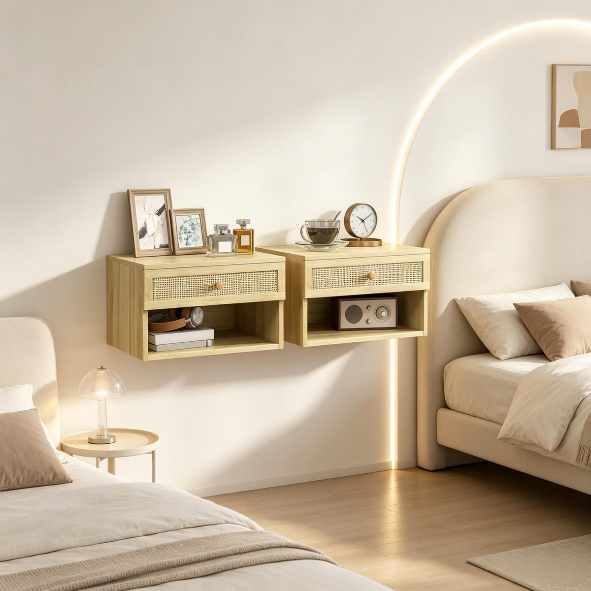 Clruro Nachtkastjes - 40 x 34 x 23 cm - Set van 2 - Wandmontage en Lade - Spaanplaat - Naturel