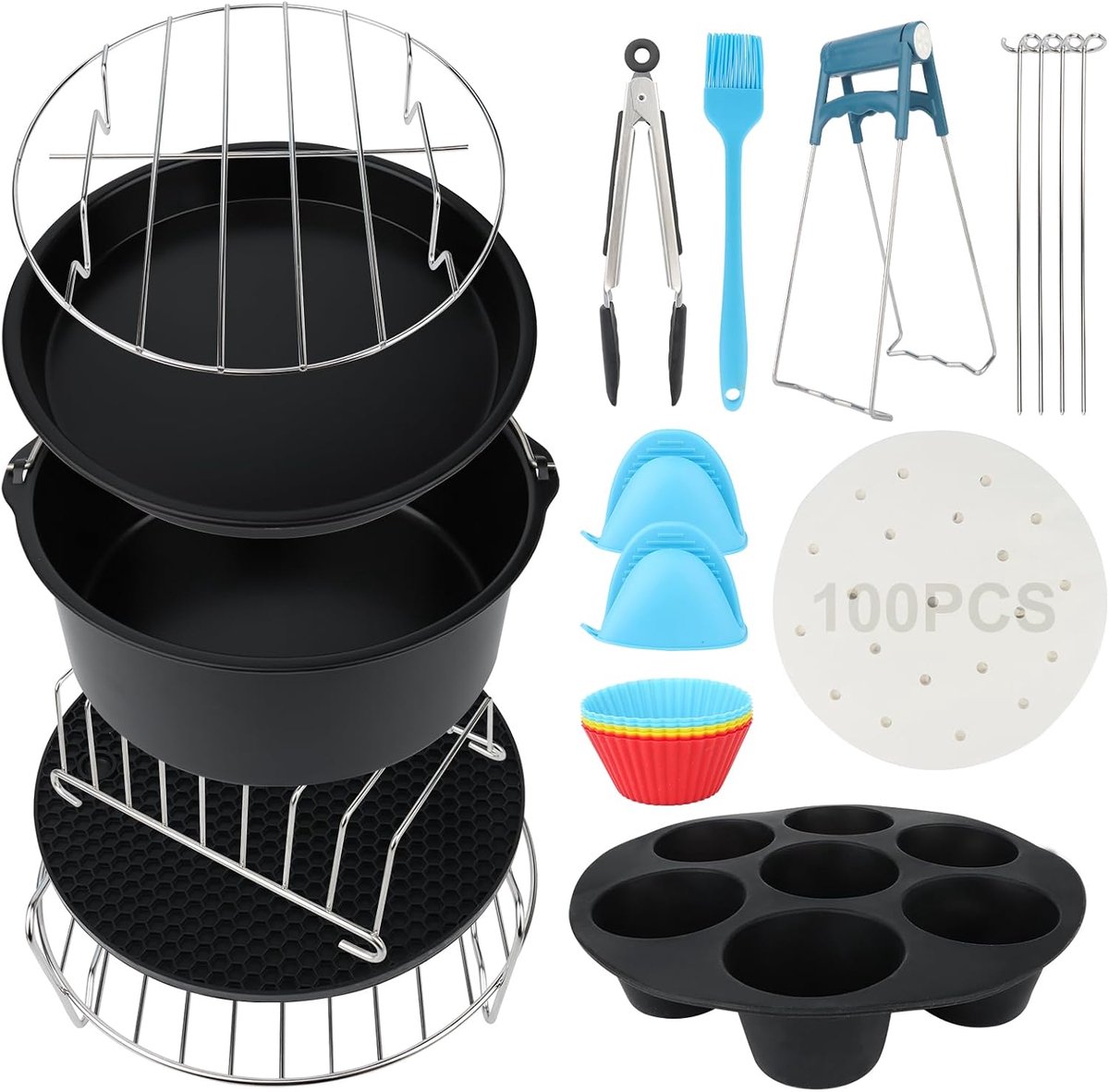 Heteluchtfriteuse accessoires 13-delig - 12 stuks + 100 bakpapier - geschikt voor 4,2-5,5 liter airfryers
