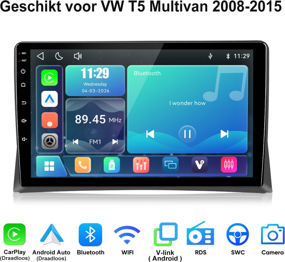 Junsun lINUX Draadloos Carplay & Andriod Auto Geschikt voor VW T5 Multivan 2008-2015 - 9 Inch HD TouchScreen - Bluetooth - GPS navigatie- WiFi - FM - RDS- Airplay