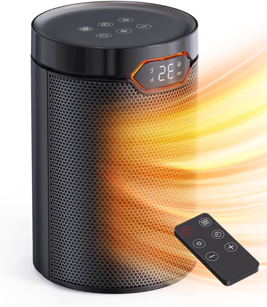 QUOVO® Elektrische Kachel - Ventilatorkachel – Heaters Elektrisch Voor Binnen - Keramische Kachel - Heater - 3 Standen – 1500W - Voor Kantoor Op Bureau – Met Timer – Zwart - 17cm x 17cm x 26cm