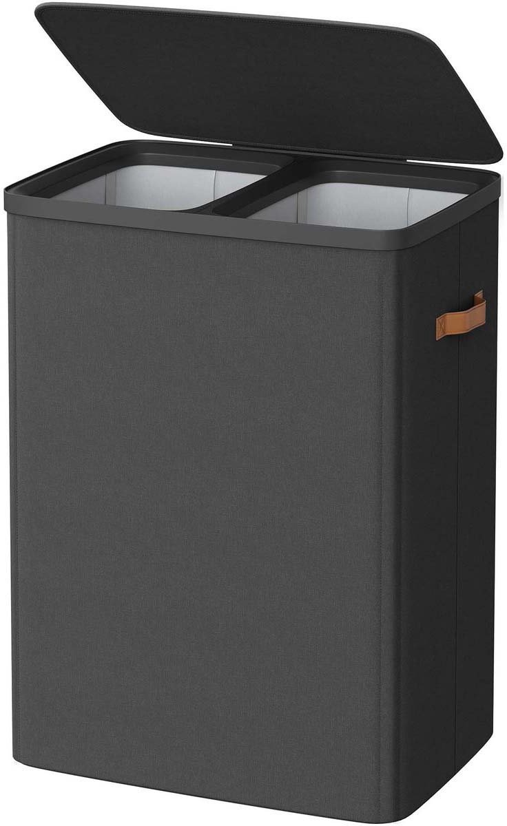 Wasmand Waszak 56x40x75cm zwart 170 liter (44,9 gallon) Grote capaciteit opbergmand Dubbele compartimenten Met afneembare binnenzakken Deksel en handgrepen Kleding sorteersysteem Geschikt voor badkamer en wasruimte