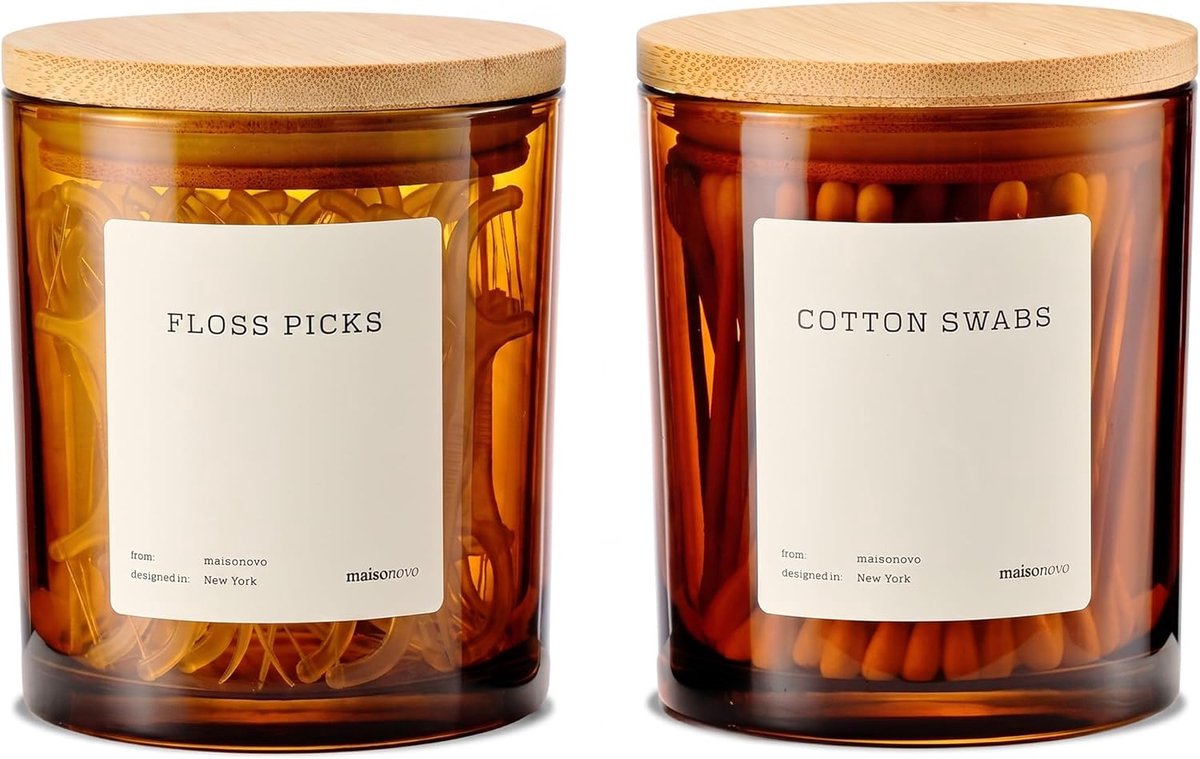 Badkamercontainers glas met deksel - Amber bamboe dispenser - Set van 2 voor wattenstaafjes - ShopVlot