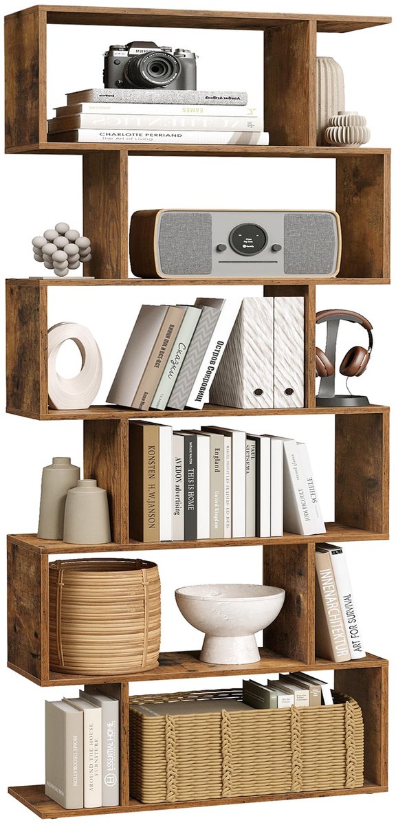 Famanu Boekenkast, 6-etage, vrijstaand, modern design, ideaal voor boeken en decoratie Zwart
