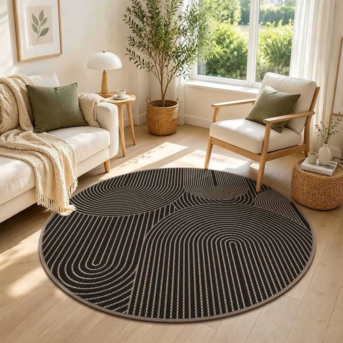 VSIWB Vloerkleed, rond, 120 cm, jute-look, antislip, woonkamertapijt, outdoor, zwart, wasbaar, minimalistisch - ShopVlot