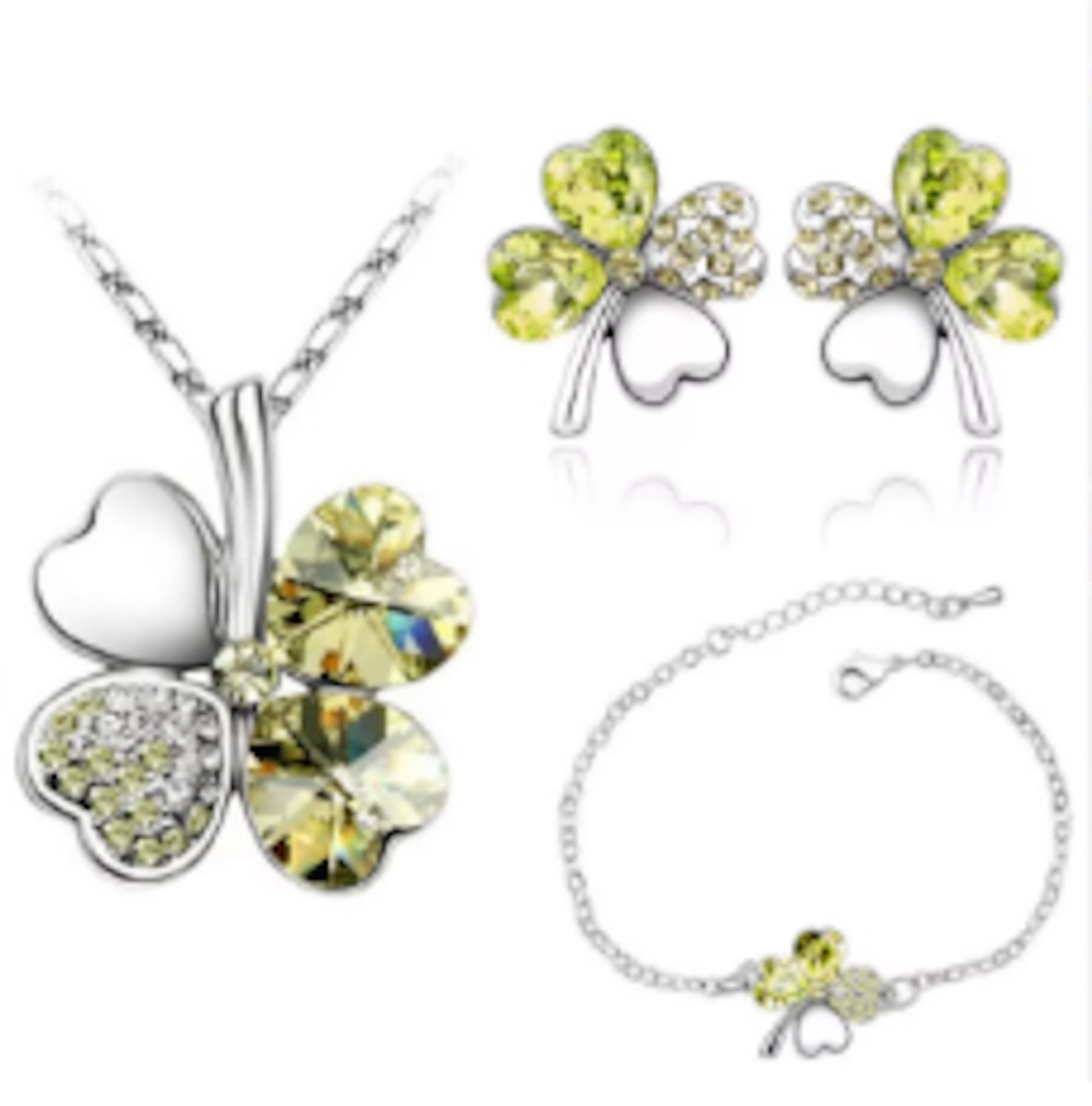 Fler® | Dames Sieraden Geschenkset Compleet | Klavertje Vier Hartvormig Geel | Ketting met Hanger | Armband | Oorbellen | Valentijnsdag kado | Kerst cadeau| geel- & Zilverkleurig