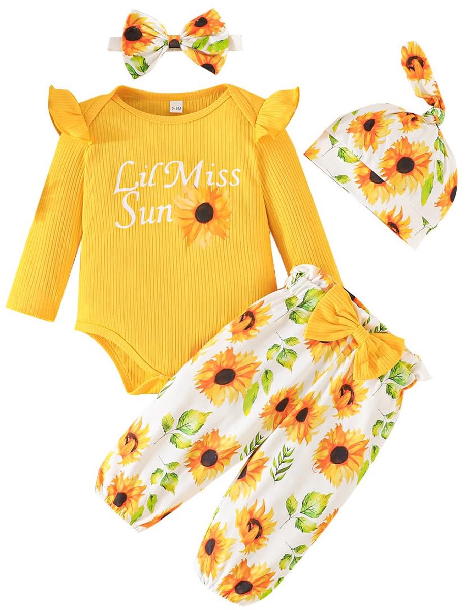 Kledingset voor baby's 3-6 maanden - Gele zonnebloem - Prinsessen letterprint met ruches - ShopVlot