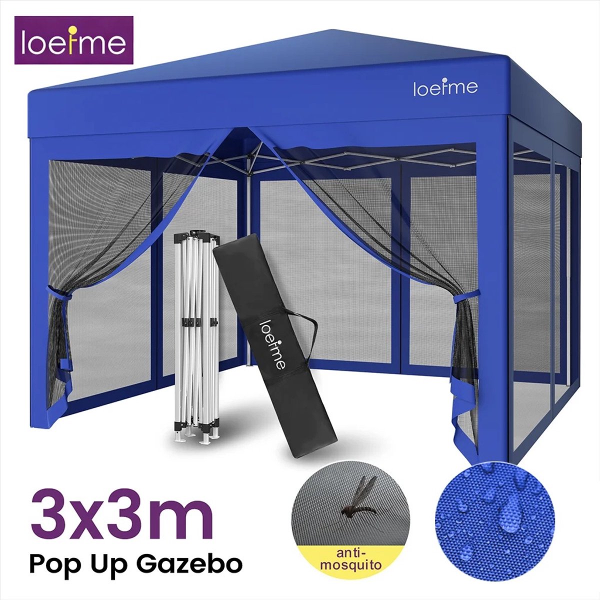 VILIMA - Pop up tent - partytent - Tent - Feesttent - 3x3m - 4 mesh zijwanden - Magnetische druk knopen - Draagbaar - Blauw