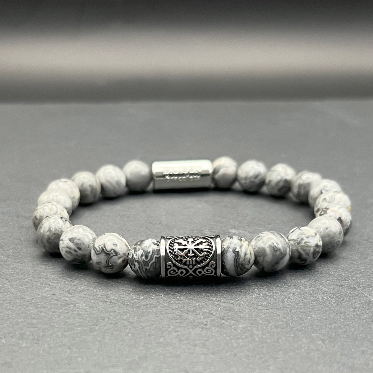 Dragon Bracelets® Heren Armband - Viking Grey Map Jasper – Natuurstenen Armband - Grijs