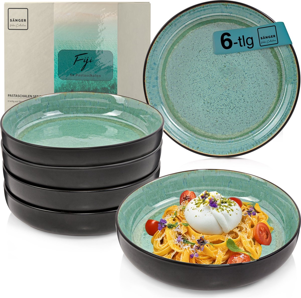 SÄNGER Pastaschalen Set Fiji 6-delig - Pastakommen Noodle Borden - Aardewerk - Ø 22,2 cm - 750 ml - Vaatwasser En Magnetron Geschikt - Voor Dagelijks Gebruik
