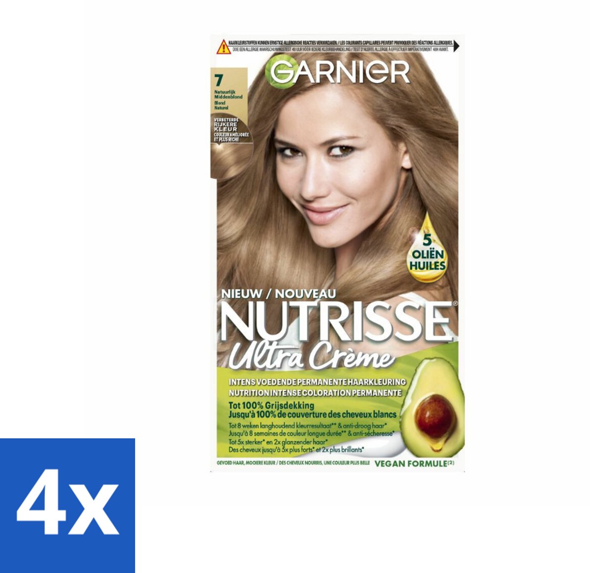Garnier - Nutrisse Ultra Crème 7 - Haarkleuring - Natuurlijk Blond - Intens Voedend - Permanente Kleur - Voordeelverpakking - 4 stuks