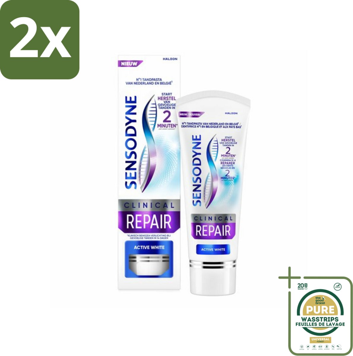 Sensodyne - Tandpasta - Clinical Repair - Active White - Tandglazuur Herstellen - 75 ml - Voordeelverpakking - 2 stuks - Wittere tanden - Gevoelige tanden