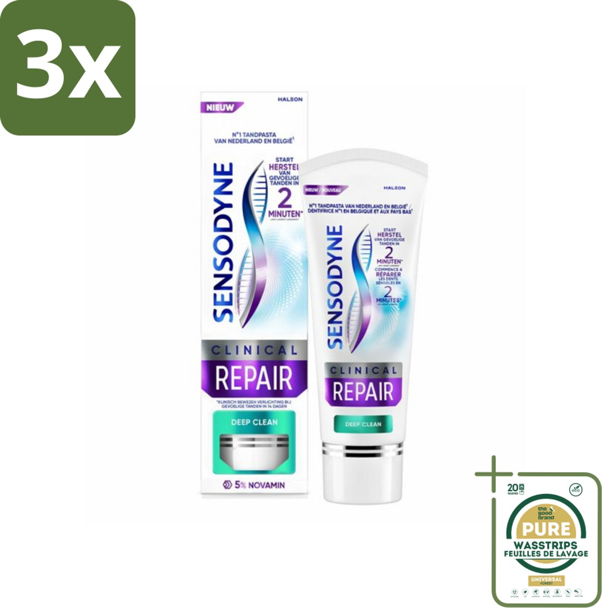 3 x Sensodyne - Tandpasta - Clinical Repair - Deep Clean - Grondige Reiniging - 75 ml - Grootverpakking - Gevoelige Tanden - Tandpasta - Snelle Verlichting - Diepe Reiniging - Klinisch Bewezen