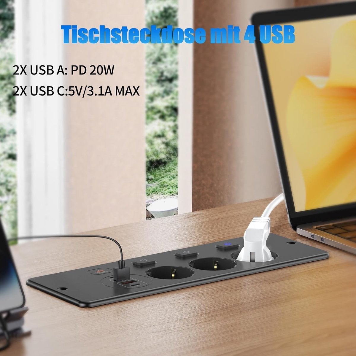 Inbouwcontactdoos met USB-C - Zwart - 2 m Kabel - 7-in-1 Stekkerdoos met Schakelaar - Voor Tafelbladen en Vergadertafels